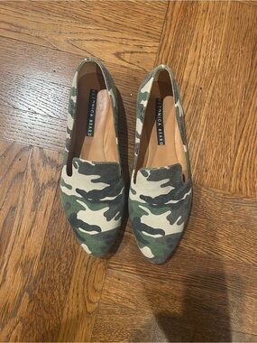 Veronica Beard Camouflage Slip-On Flats in Green and Tan
